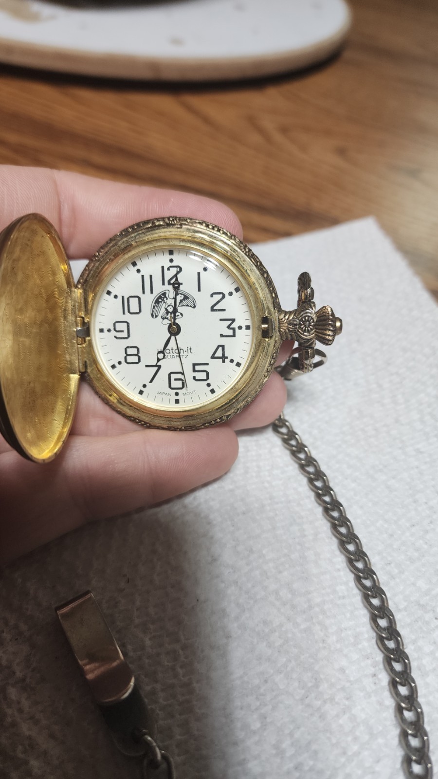 watch-it Quartz Full Hunter Pocket Watch Gold Tone White Dial Chain