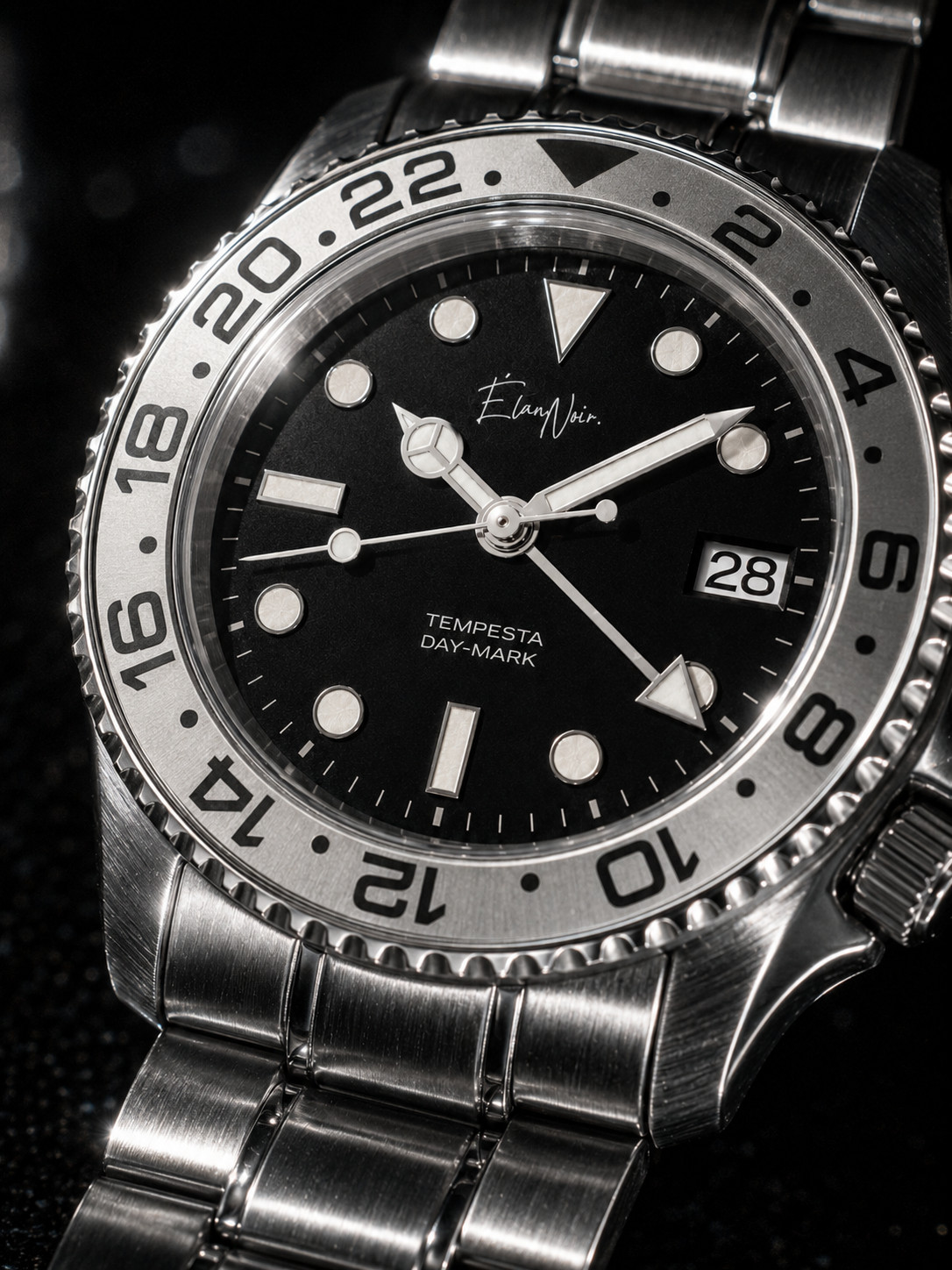 Élan Noir Tempesta GMT Automatic Men’s Watch 41mm Steel Black Dial Silver Bezel