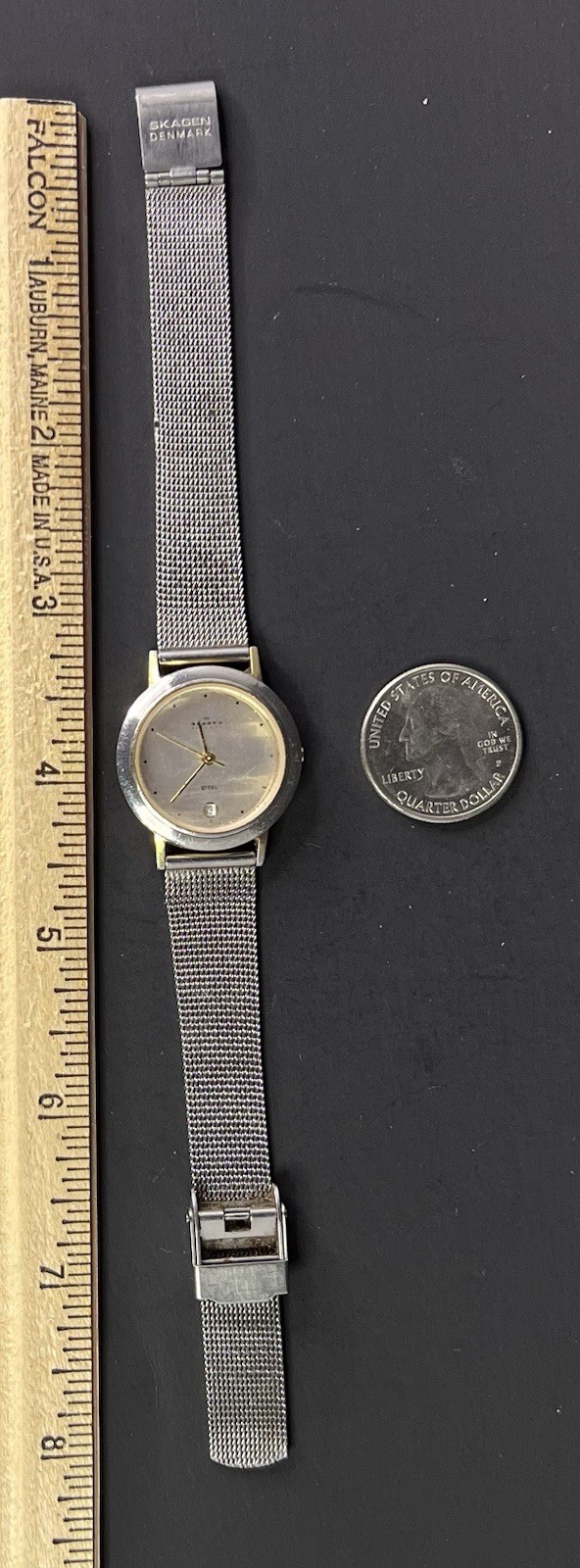 Skagen 28mm Silver Case Silver Dial Gold Hands Dot Indices SS Mesh Band, 7.25″