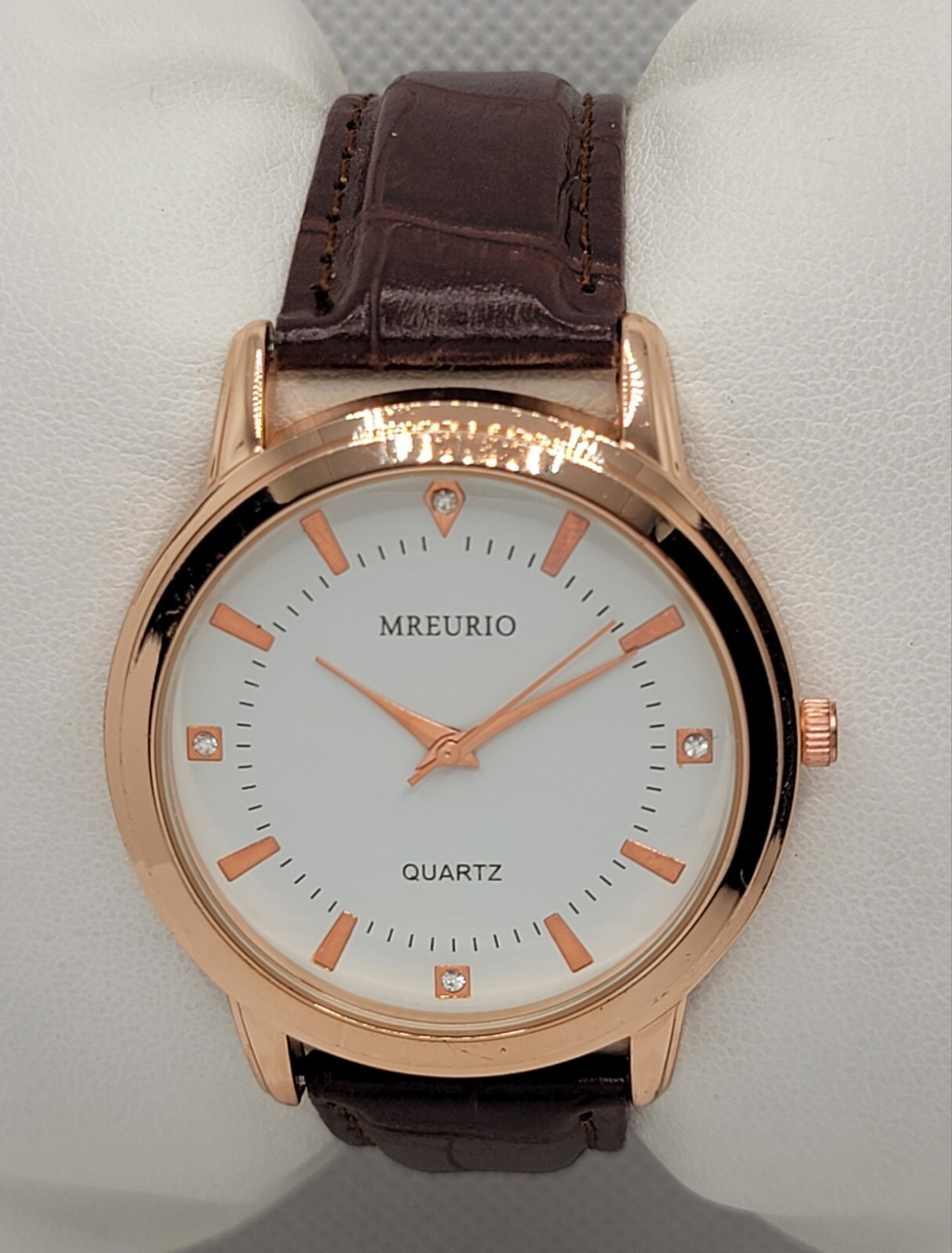 Mens Mreurio Round Rose Gold Tone Brown Leather Band Analog Watch EET8599G-RG H9