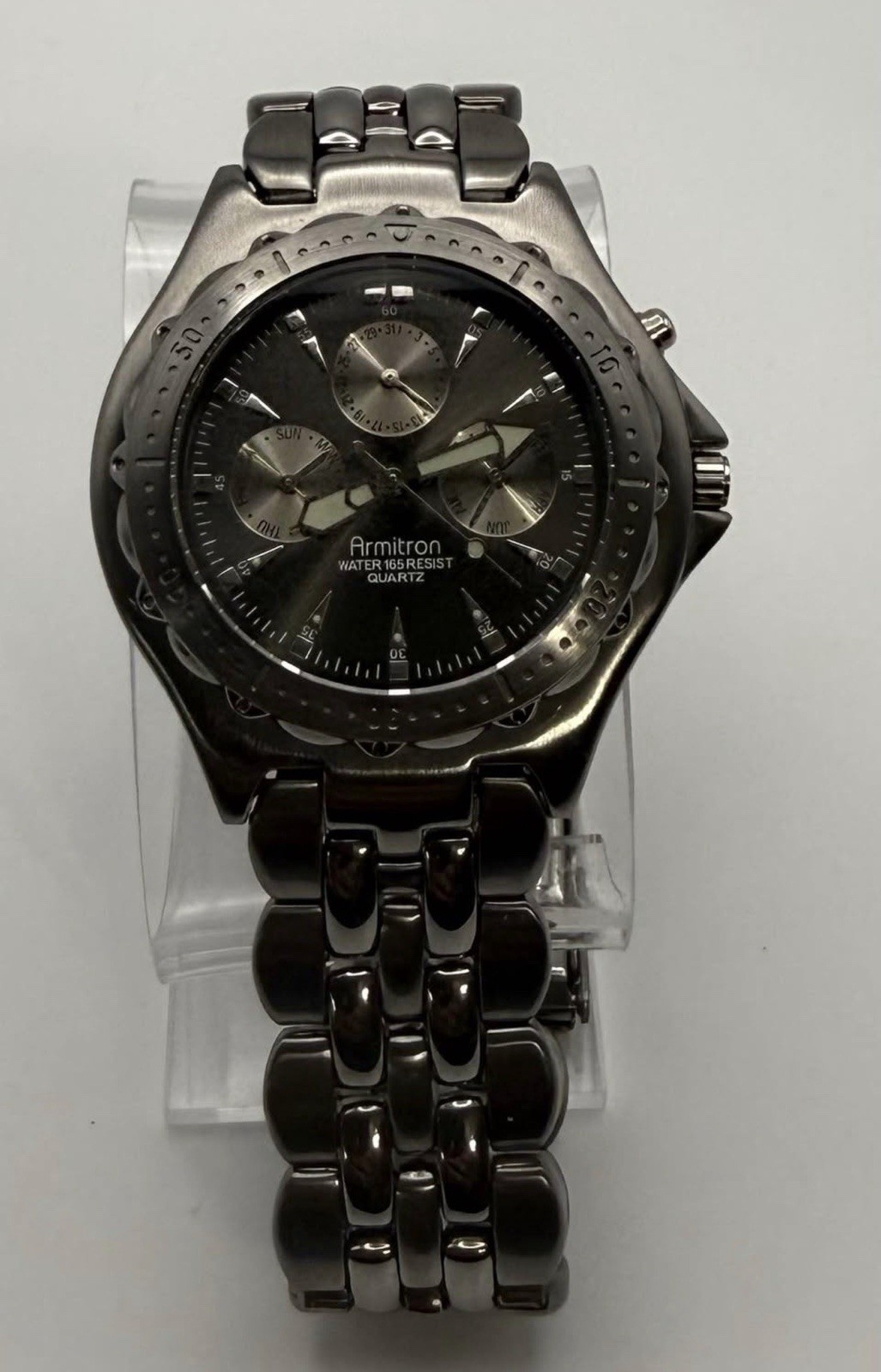 Armitron Mens Quartz Analog Black Dial Date Gray Metal Bracelet 165ft WR