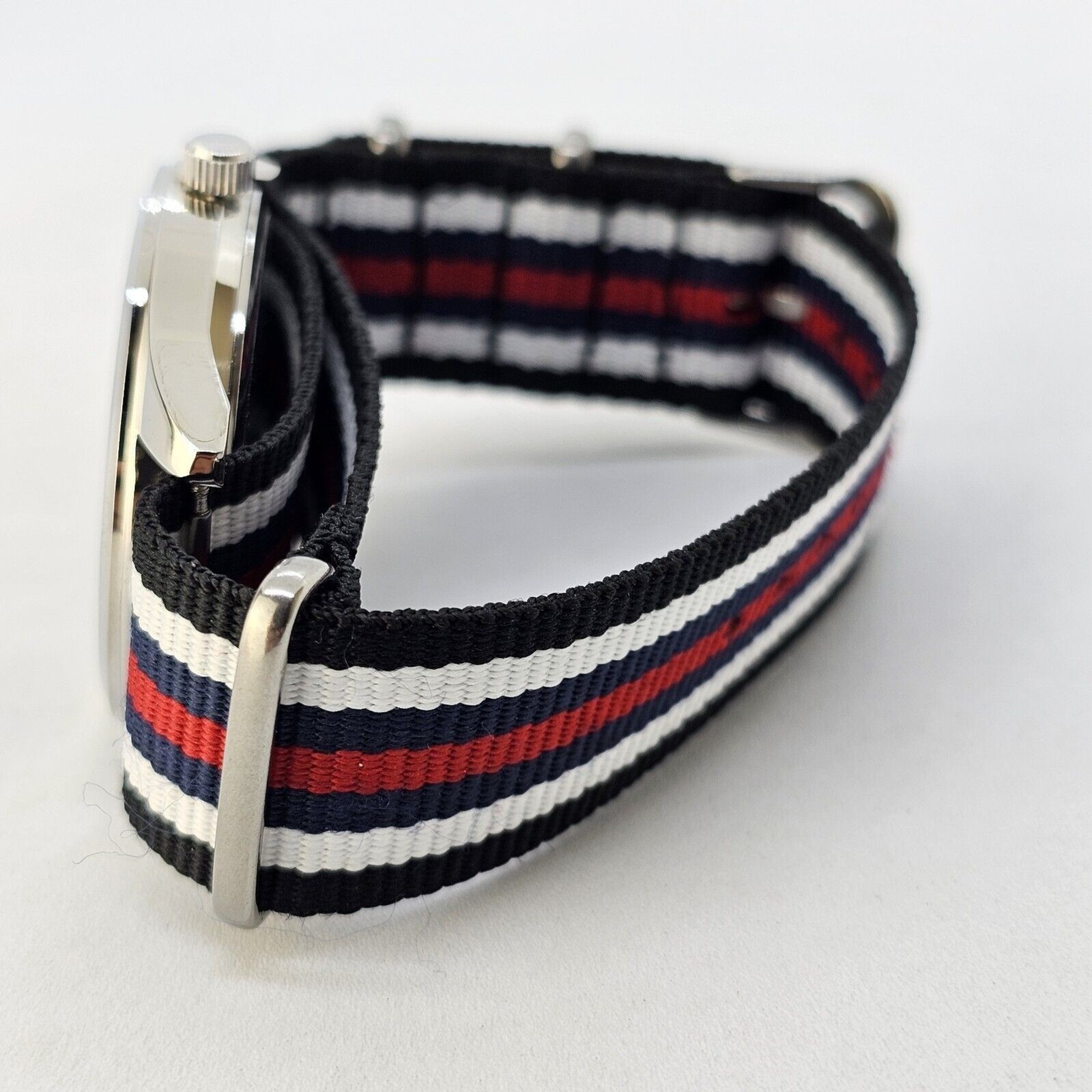 Field Watch Men 42MM Gray Case Black Dial White Red Blue Black Canvas Strap Band
