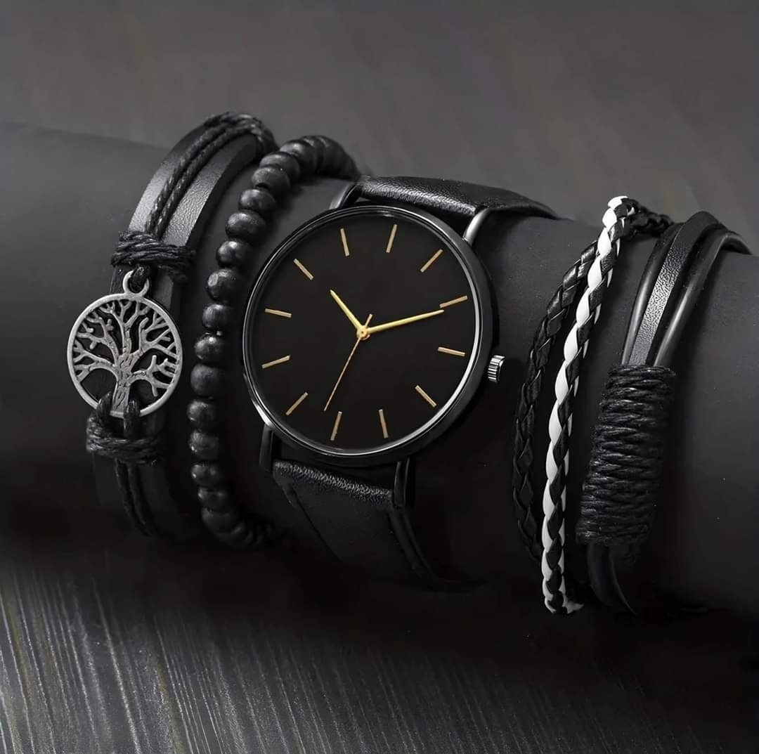 Mens Casual Quartz Watch Leather Strap with Matching Bracelet Gift Set Box
