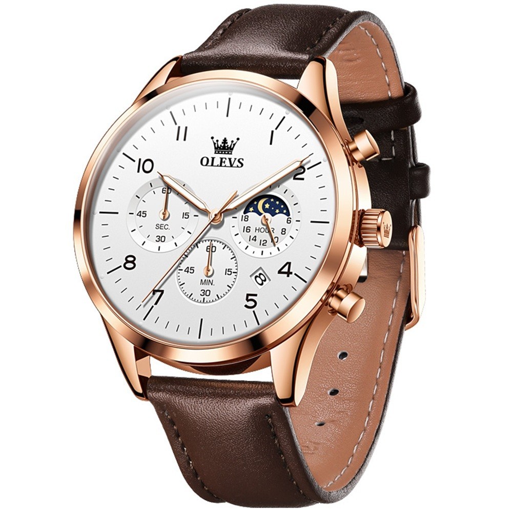 OLEVS 2882 Luminous Multifunctional Male Genuine Leather Classic Quartz Watch