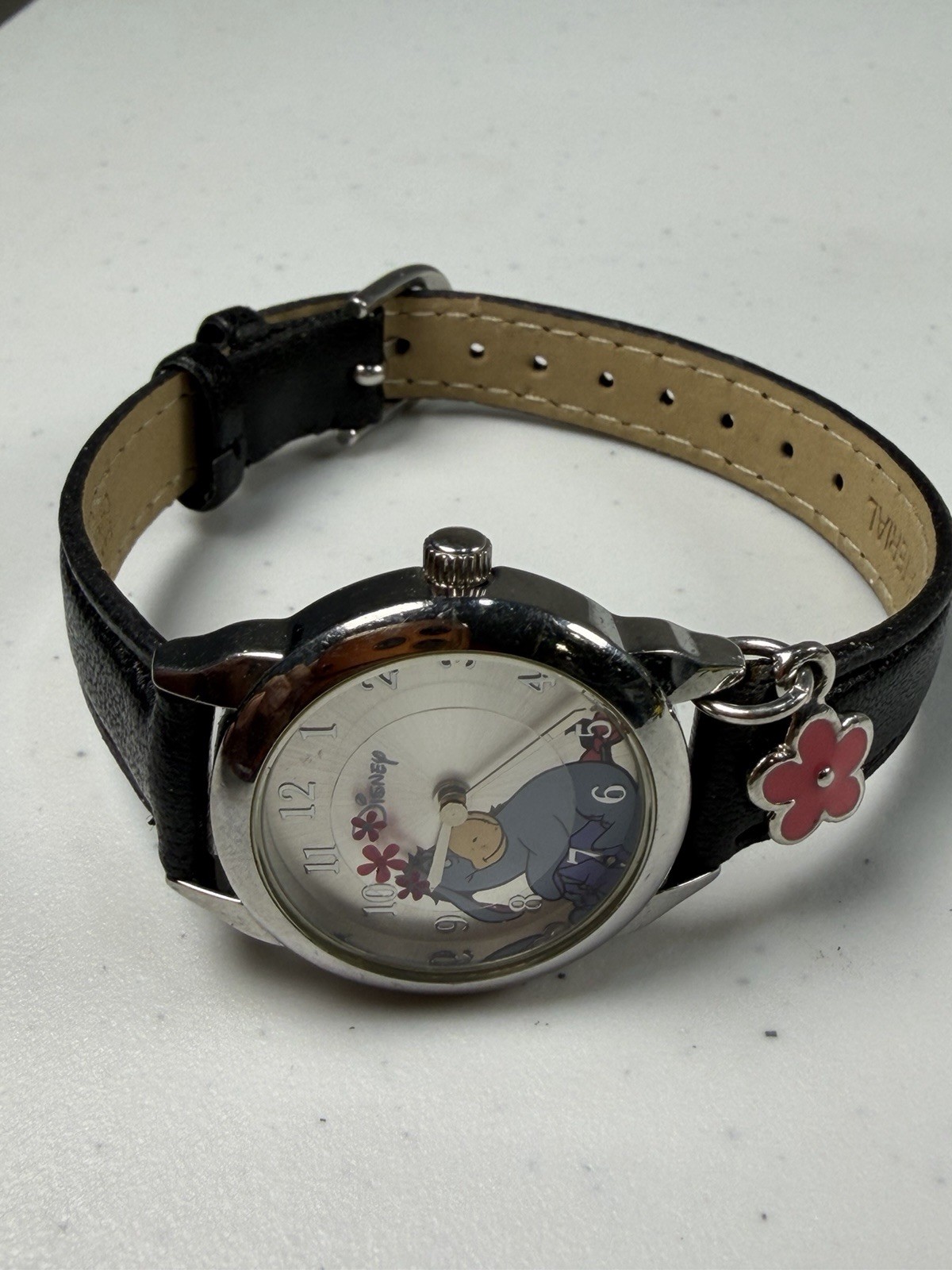 Disney Eeyore Charm Watch Black Leather Strap Quartz 25.6mm Working Japan Movt