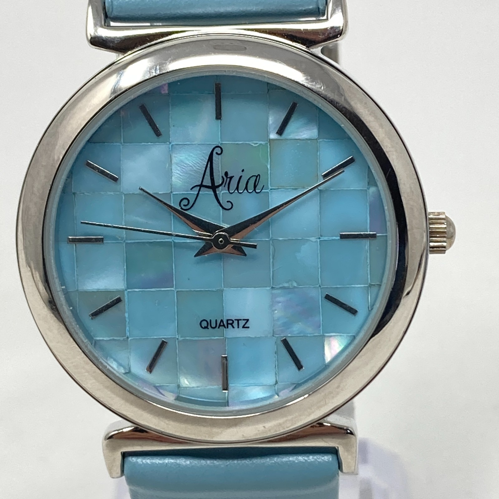 Aria Womens Watch 34mm Silver Tone Blue MOP Mosaic Round New Battery 8″