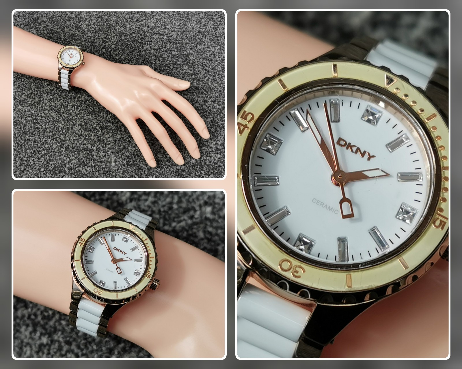 DKNY NY850 Rose Gold Watch, White Round Dial Ceramic Bracelet, Deployment Clasp