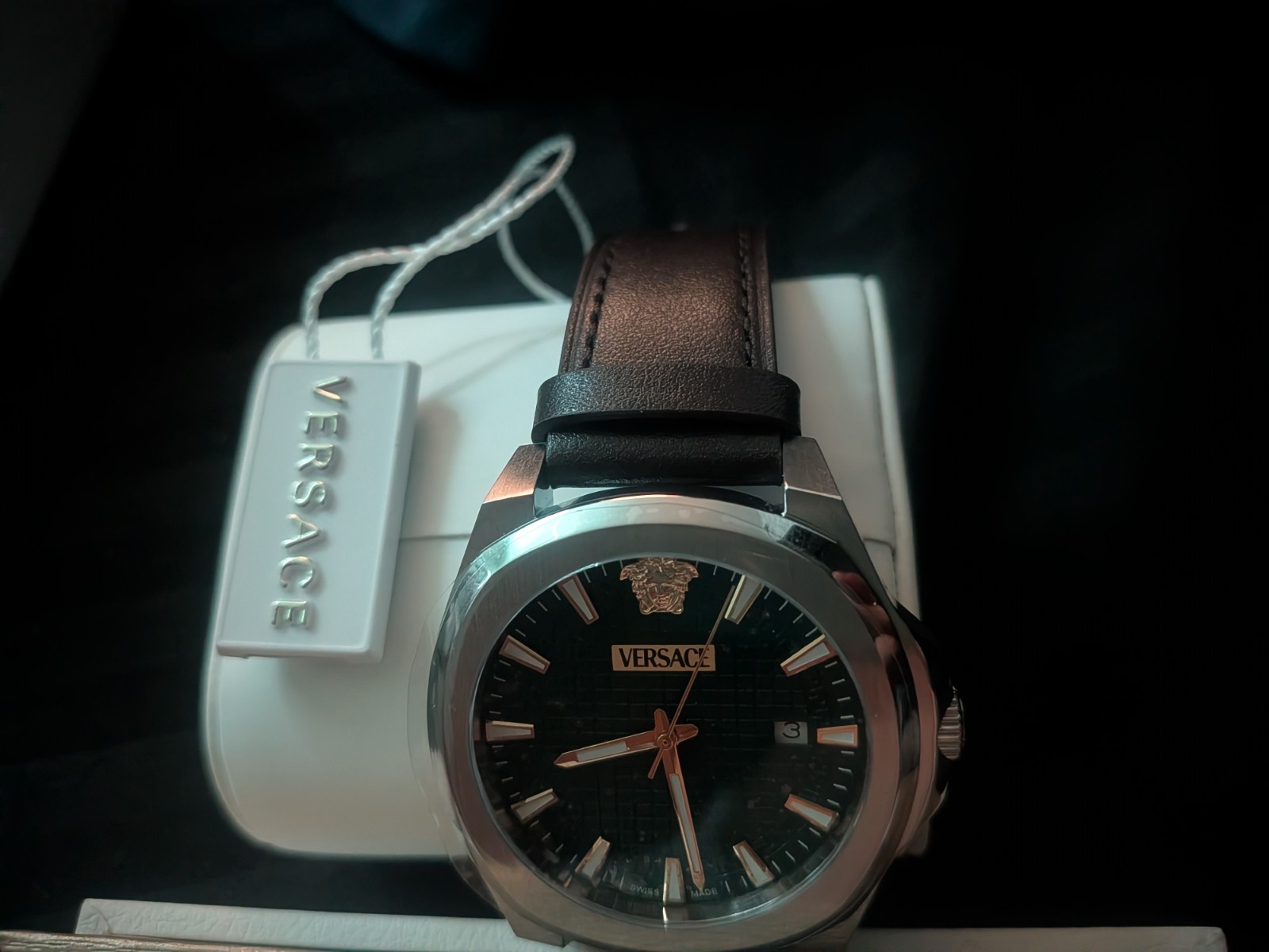 Versace Luxury Leather Men’s Watch, Swiss Made Designer Watch with Green