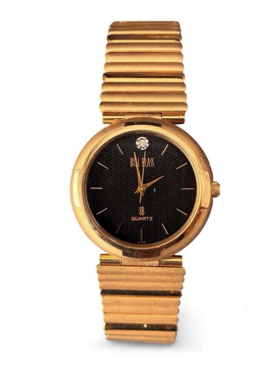 Bill Blass Womens Quartz Dress Watch Gold Tone Bracelet Black Textured Dial Box