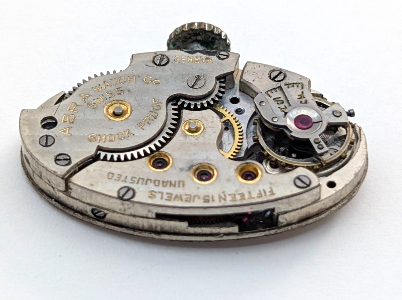 Antique ABRA 15j Art Deco Textured Dial Swiss Watch Movement 15mm PARTS REPAIR