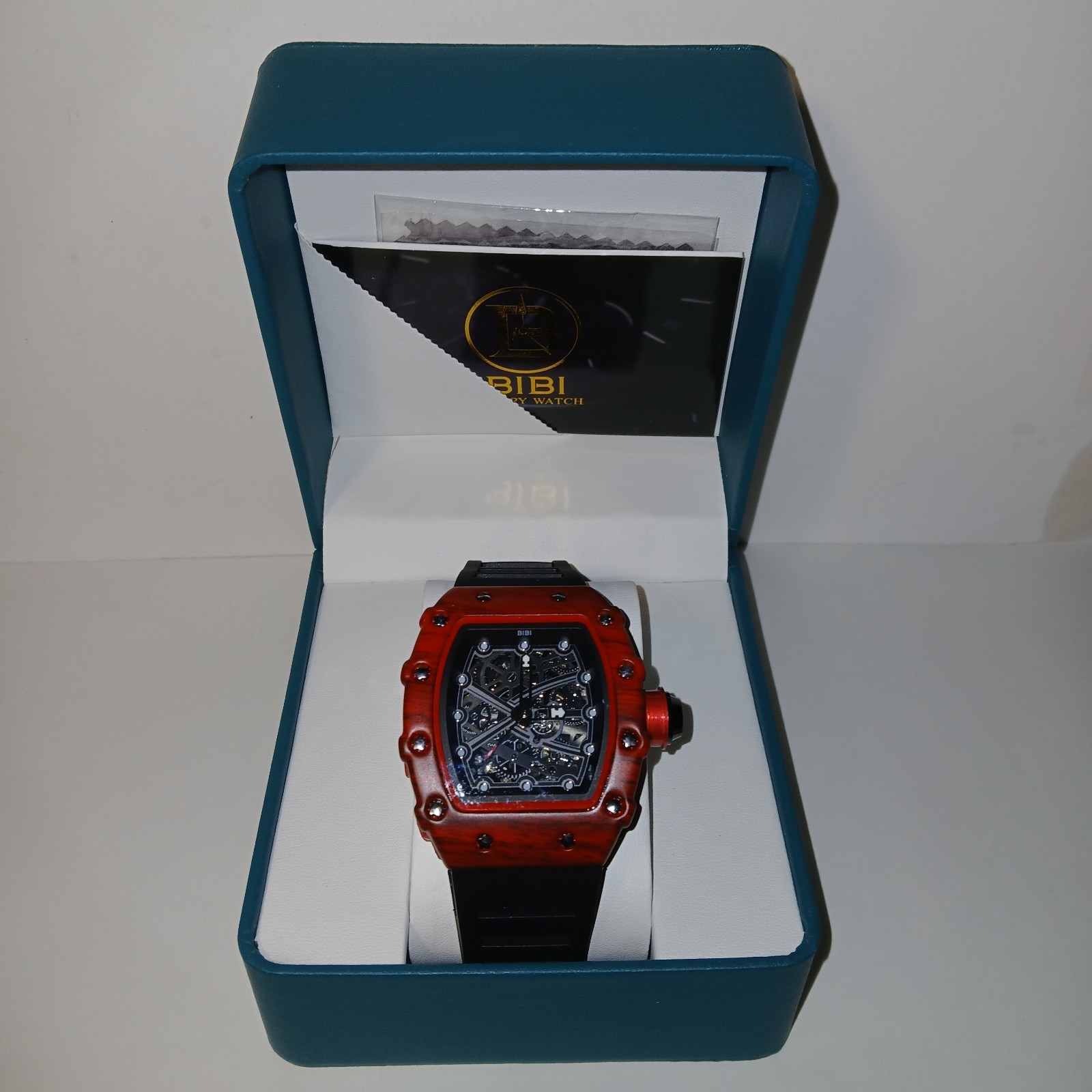 BiBi Quartz Watch Grey Dial Black Red Case Black Strap B0041
