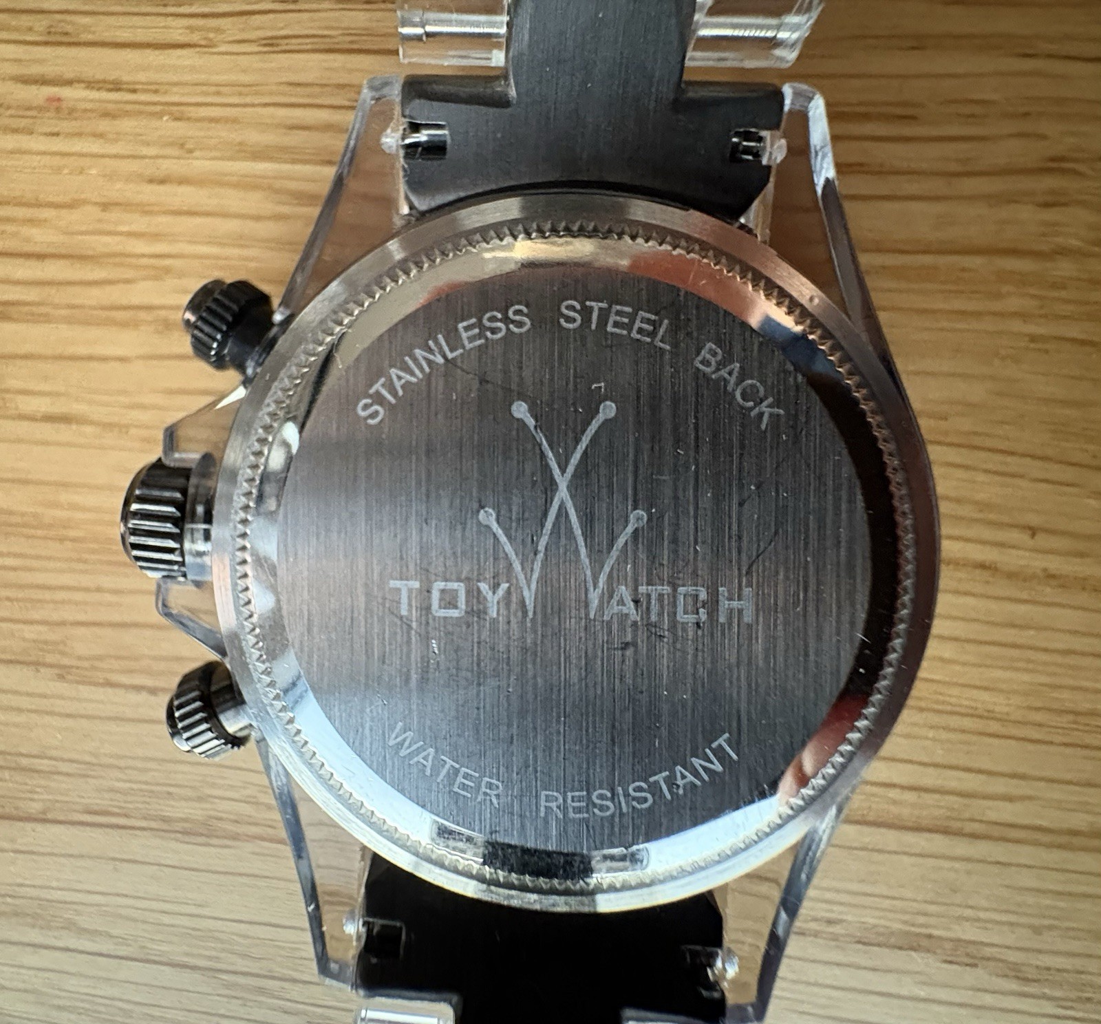 Toy Watch Chronograph 41mm Silver & Red Dial, Clear & Steel Band w/New Battery