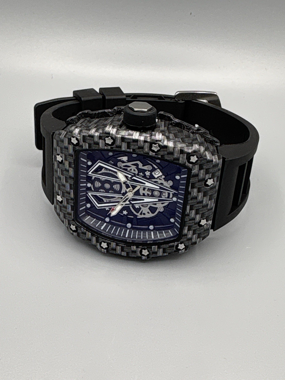 ORUSS 1853 Skeleton Style Men’s Watch Black Carbon Fiber Look Silicone Strap New