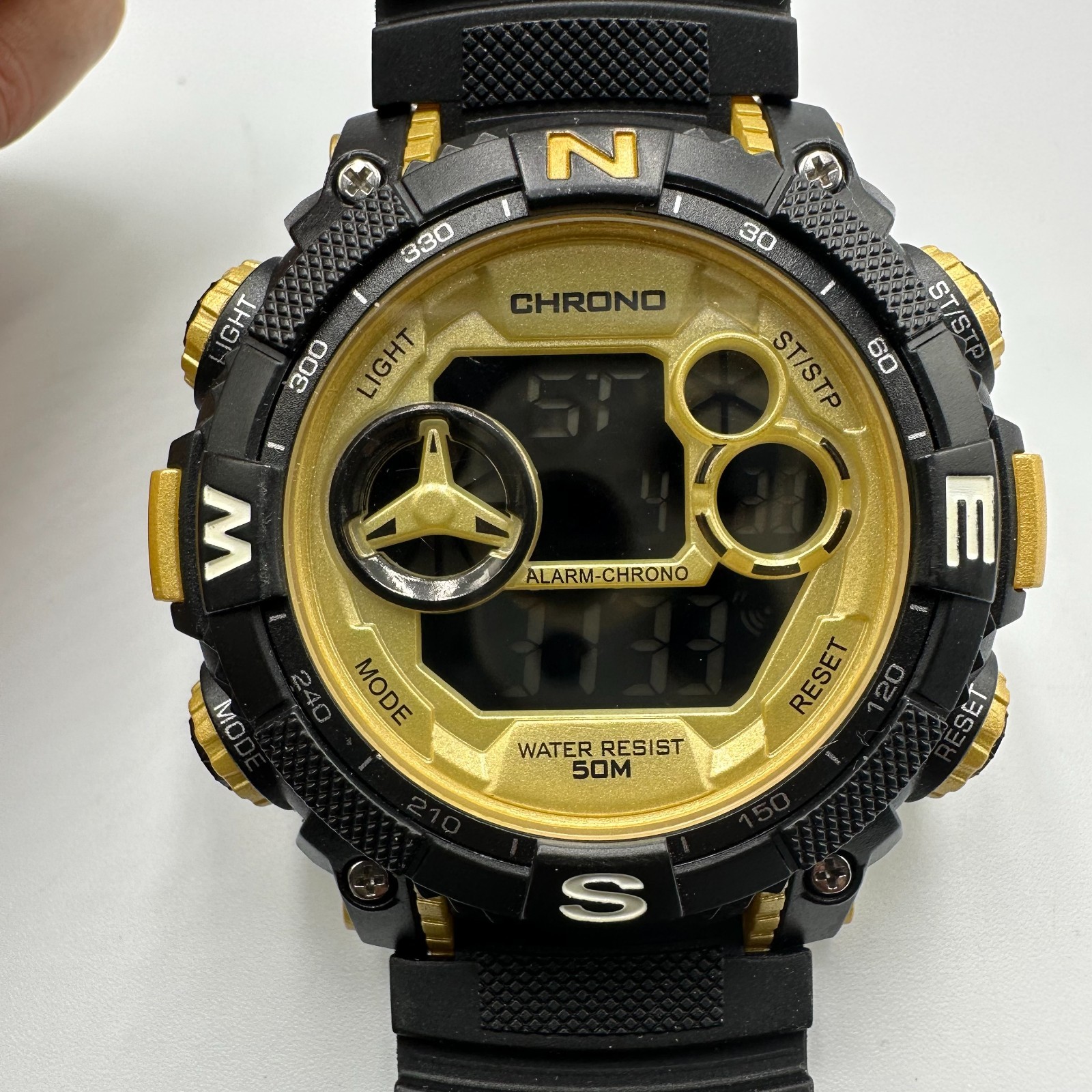 George Digital Watch Men Black Gold 53MM Round Dial Chrono New Battery