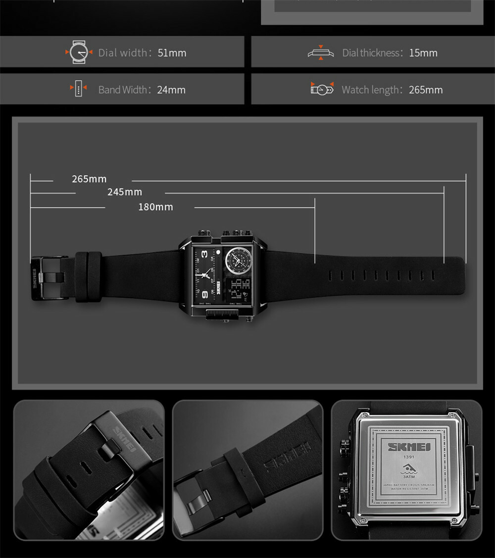 SKMEI Men’s Leather Watch – Square Digital Quartz Stopwatch Sport Wristwatch