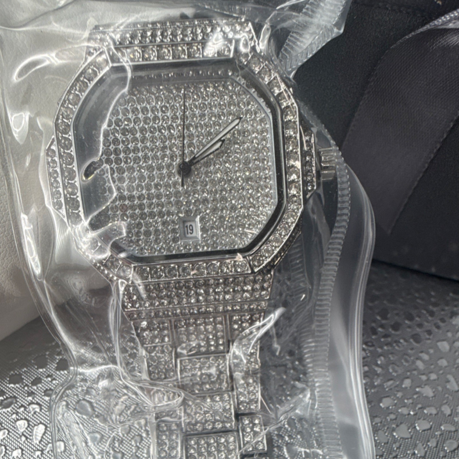 Silver Tone Mechanical Wristwatch Octagon Gem-Set Bezel Date SS Bracelet Box
