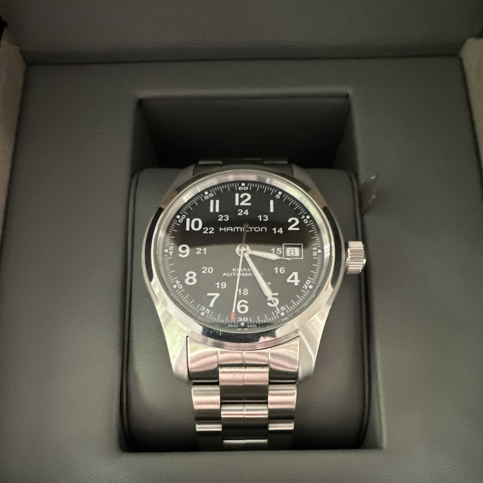 Hamilton Khaki Field Automatic 42mm Black Dial SS Bracelet 100m Box Papers