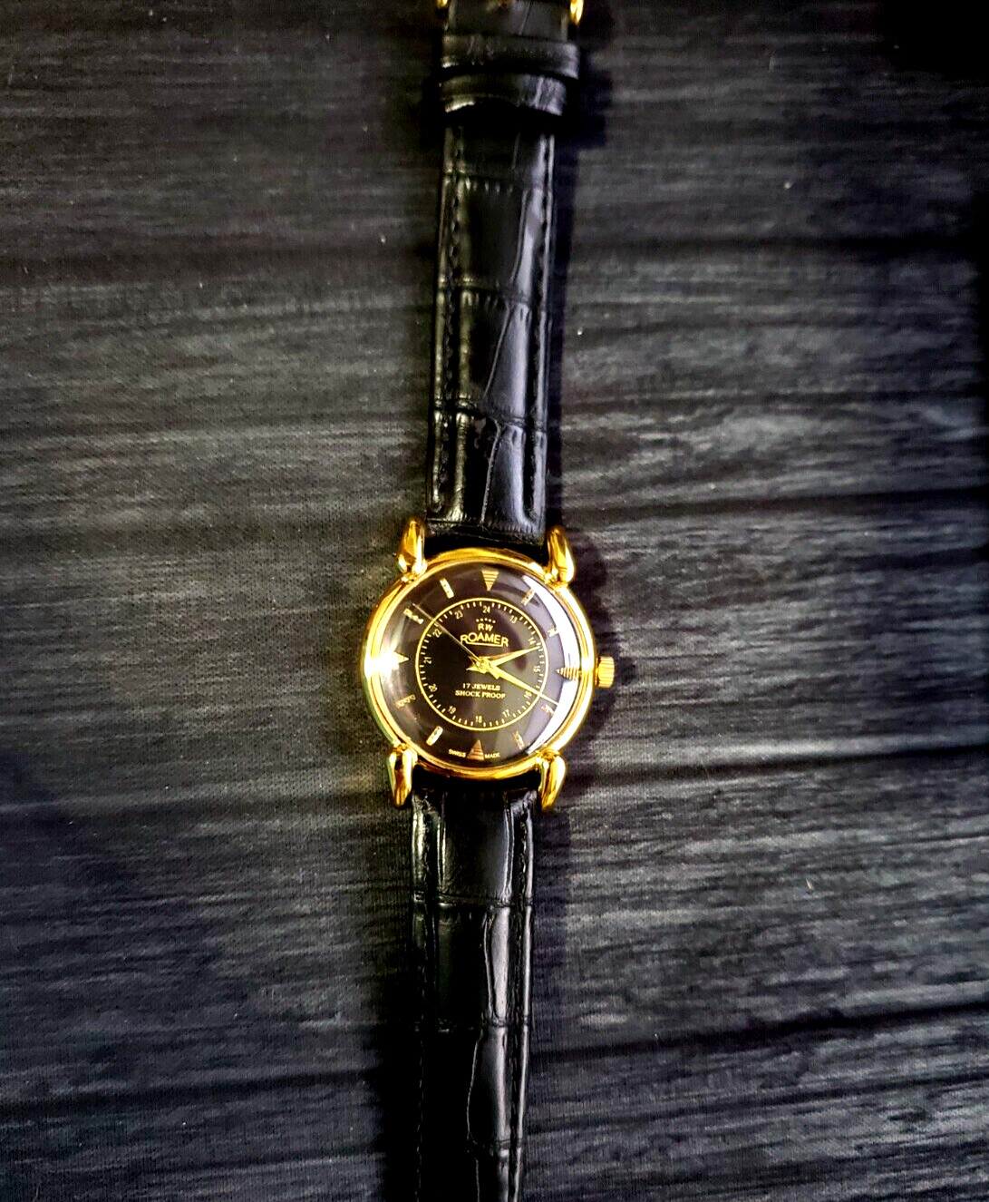 RARE Roamer Shock Proof Mechanical Swiss Watch Restored Serviced GLD-BLK-BLK