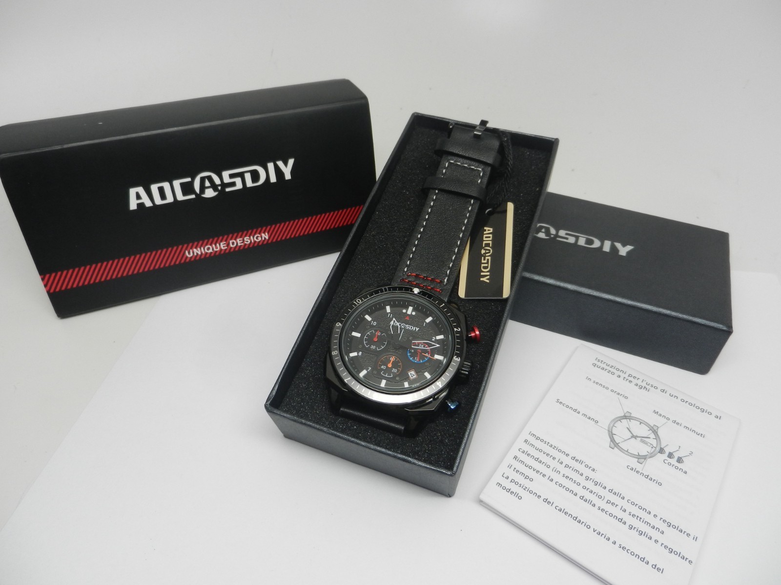 Men’s 45mm Black Textured Chronograph Date Dial W/ Leather 24HR Dial Sport Watch