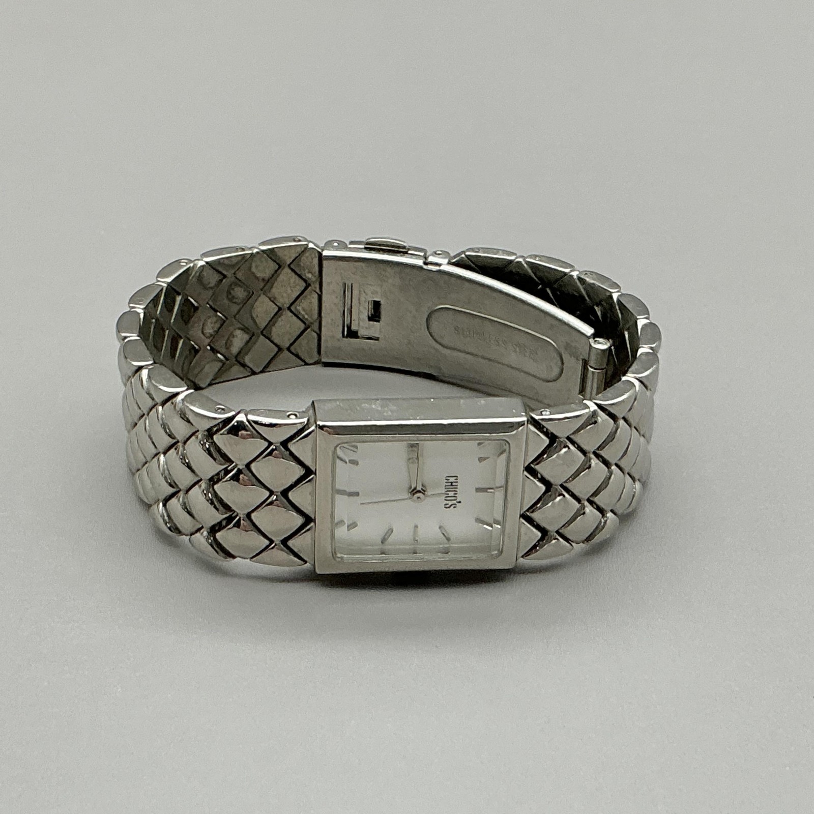 Chicos Watch White Dial Silver Tone Quilted Bracelet Rectangular NEW BATTERY