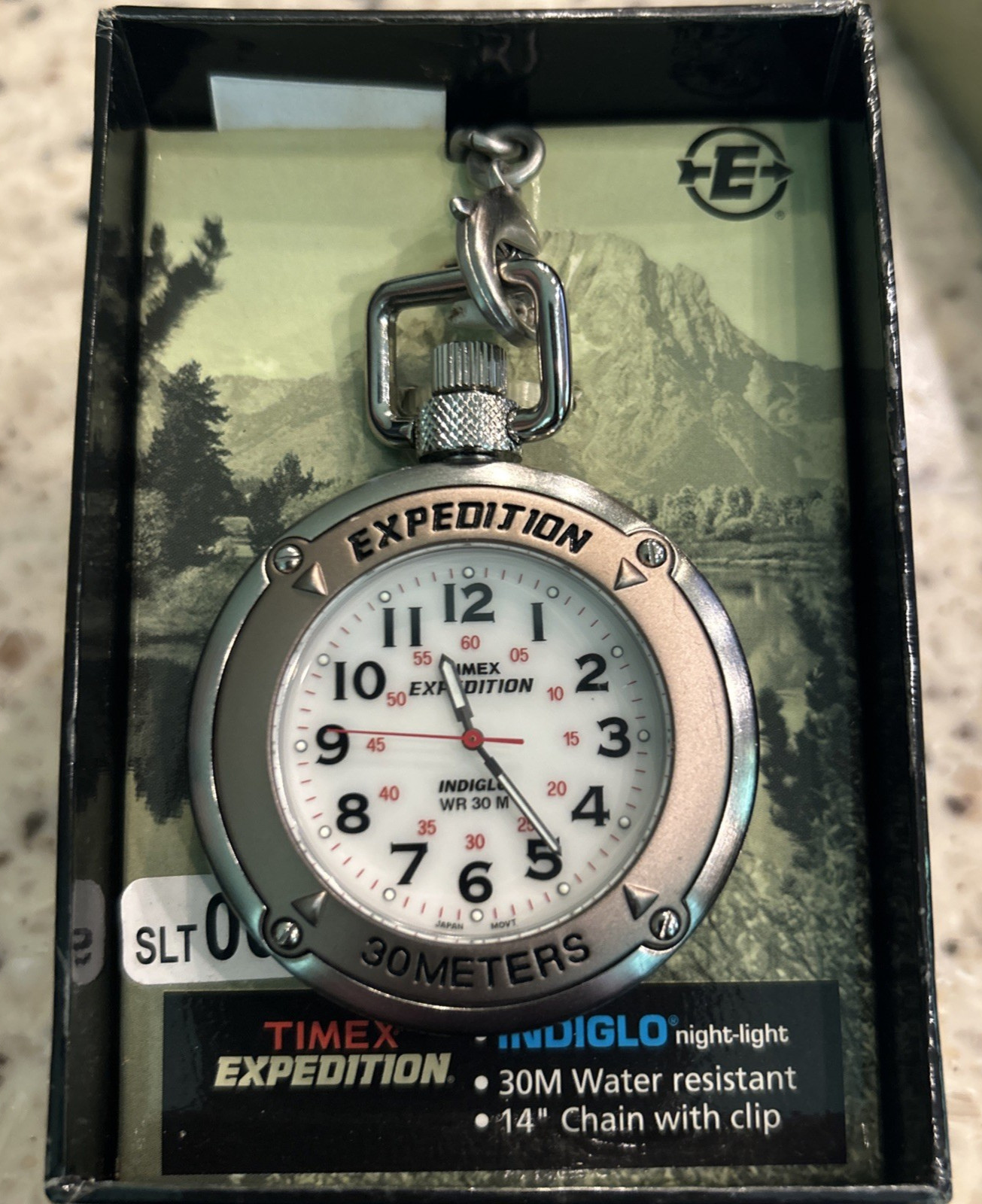 Vintage Timex Expedition Indiglo Pocket Watch Silver tone 30M WR 14″ chain