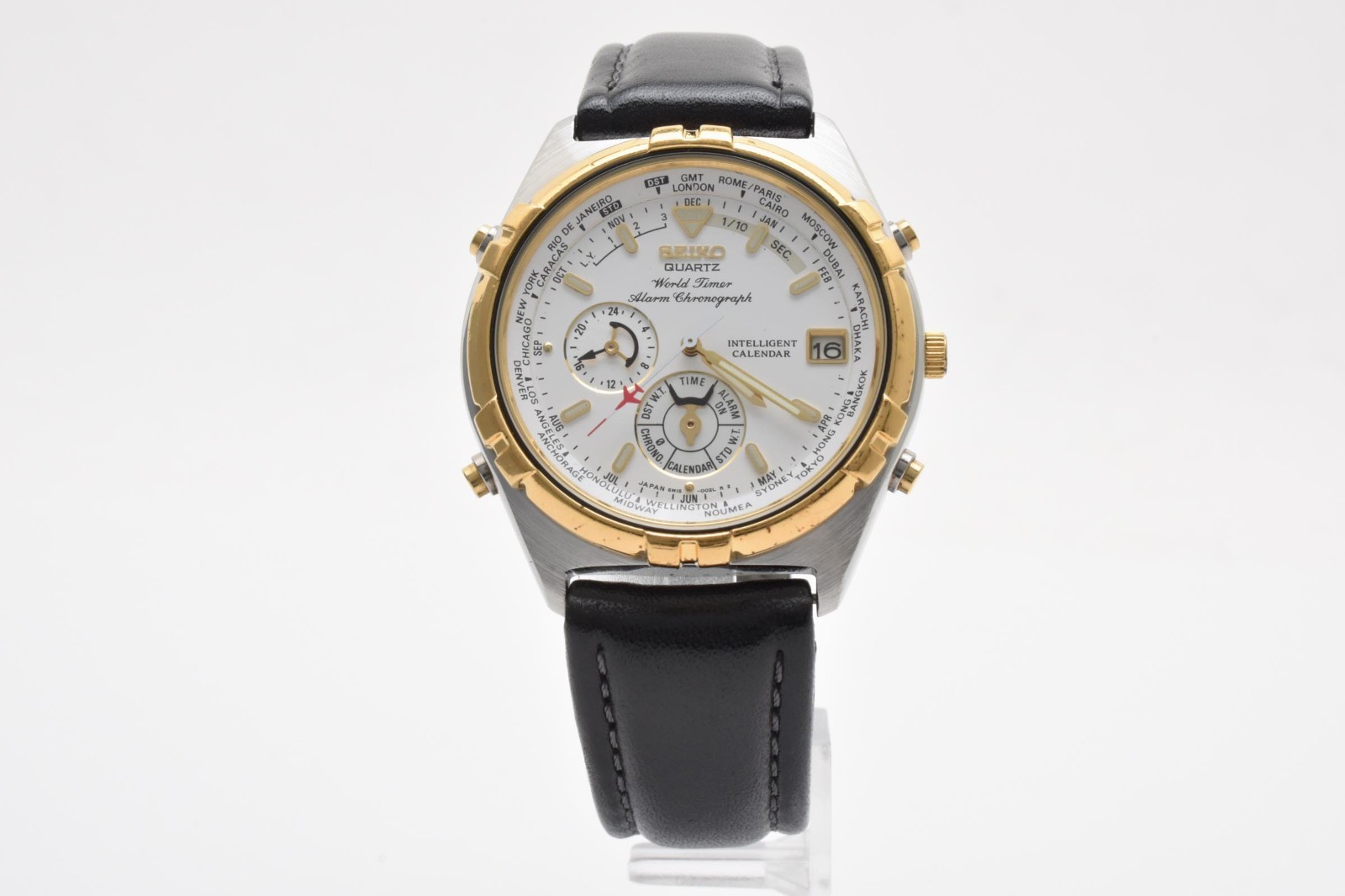 Near MINT Vintage SEIKO World Timer 6M15-0020 39mm Alarm Chrono Qz Men’s Japan