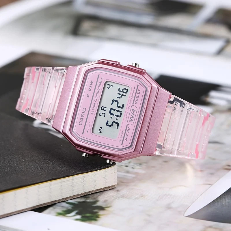 Casio F91WS-4, Digital Chronograph Watch, Pink Jelly Resin Band, Alarm, Date,