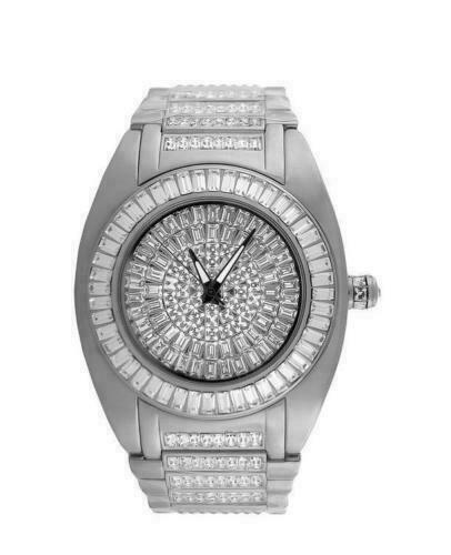 FULL ICY CELEBRITY WEAR WHITE GOLD TONE SIMU DIAMOND BAGUETTE SWISS CUSTOM WATCH