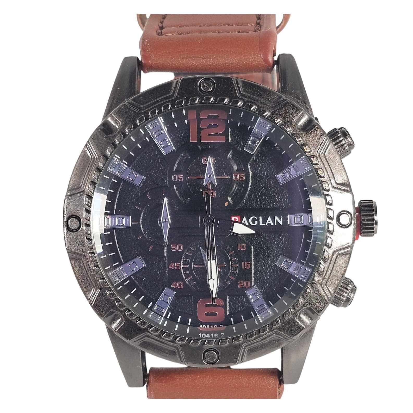 Raglan Men’s Quartz Watch Black Dial Brown Band 43.9mm Case Chrono Look NEW