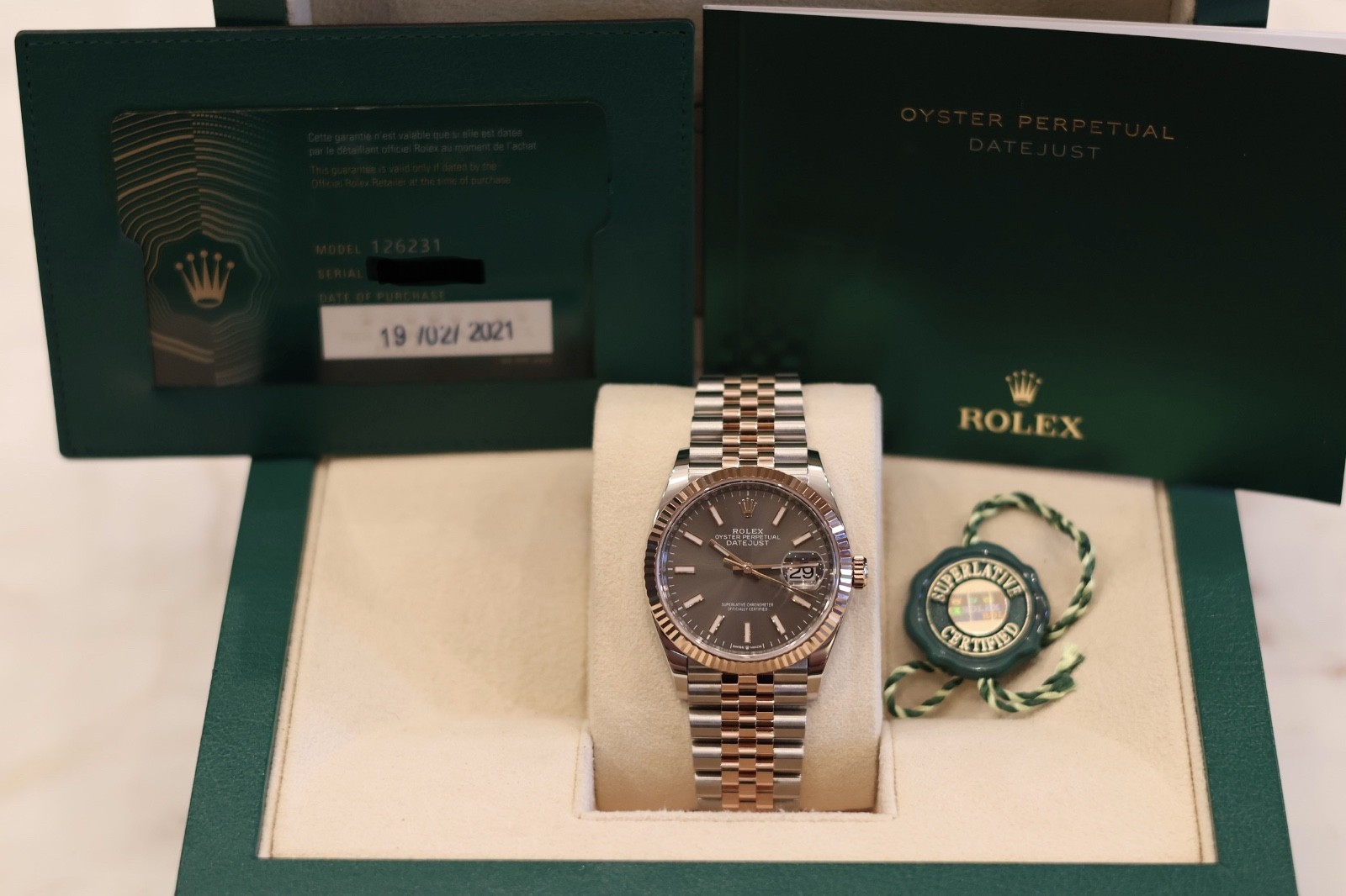 Rolex Datejust 36 Two Tone Rose Gold Jubilee Grey Dial 126231 Full Set Mint