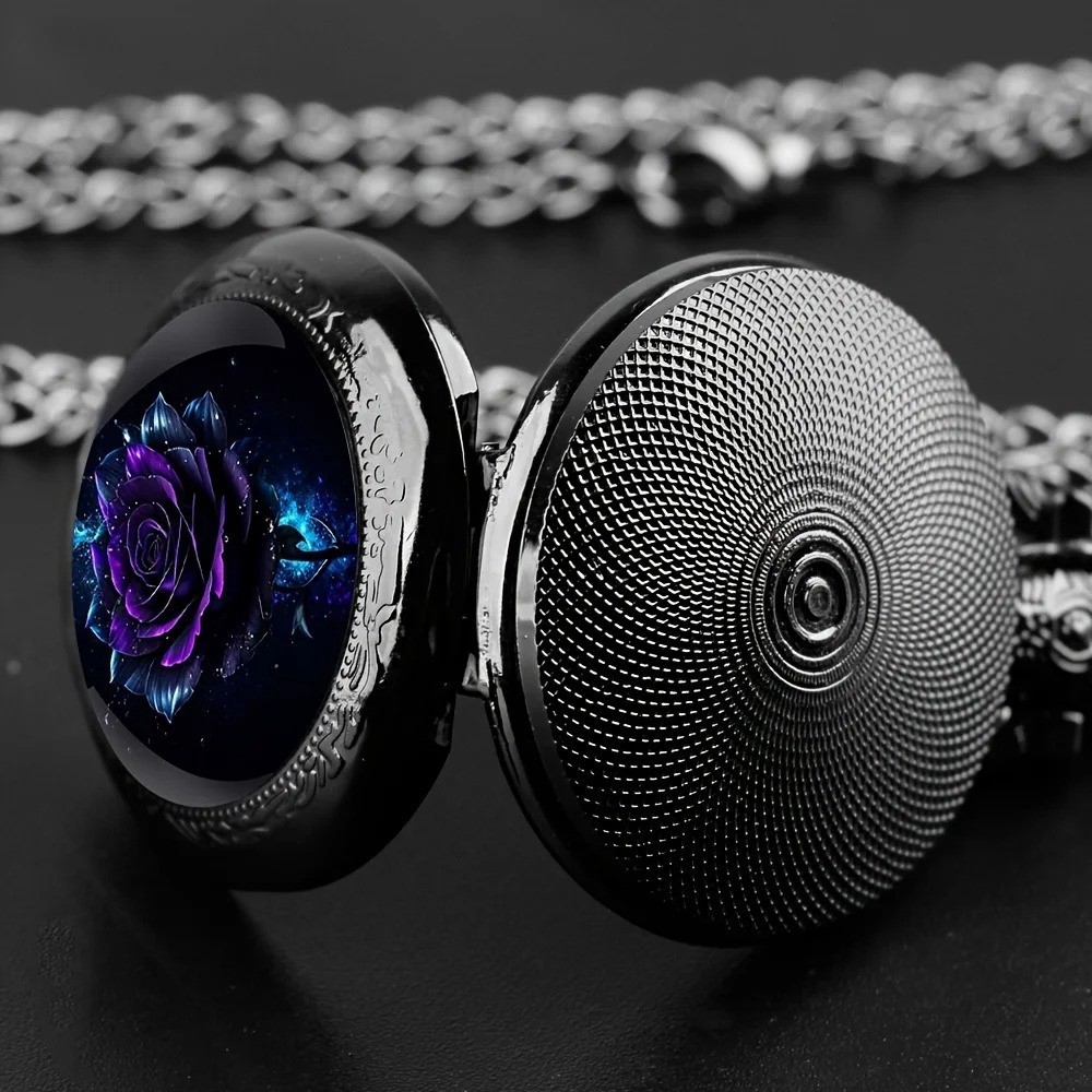 Purple Rose Quartz Pocket Watch Black Necklace Chain Men Women Gift Retro Unique
