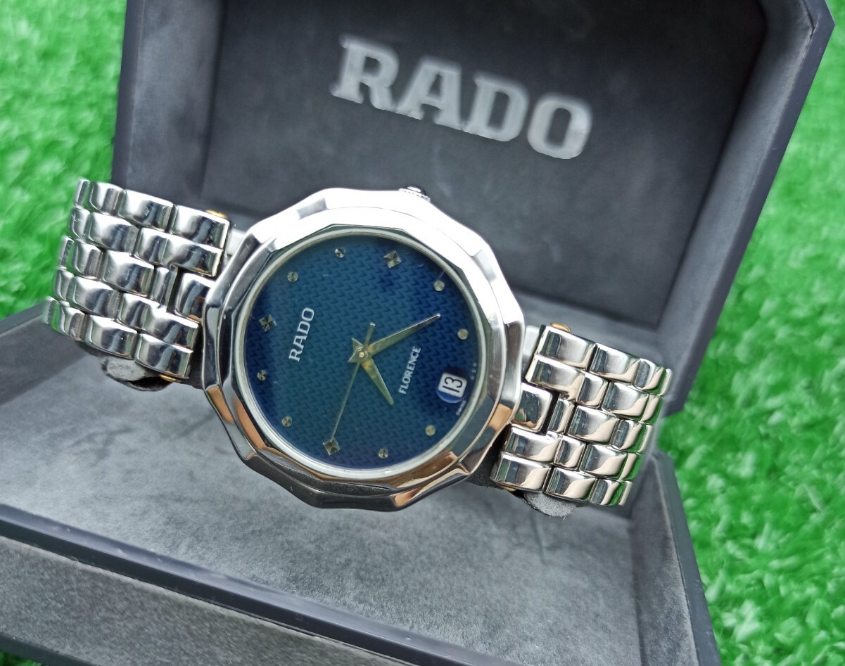 FULL SET VINTAGE RADO FLORENCE BLUE WATCH SWISS MADE 80s MEN & RARE & CLASSIC