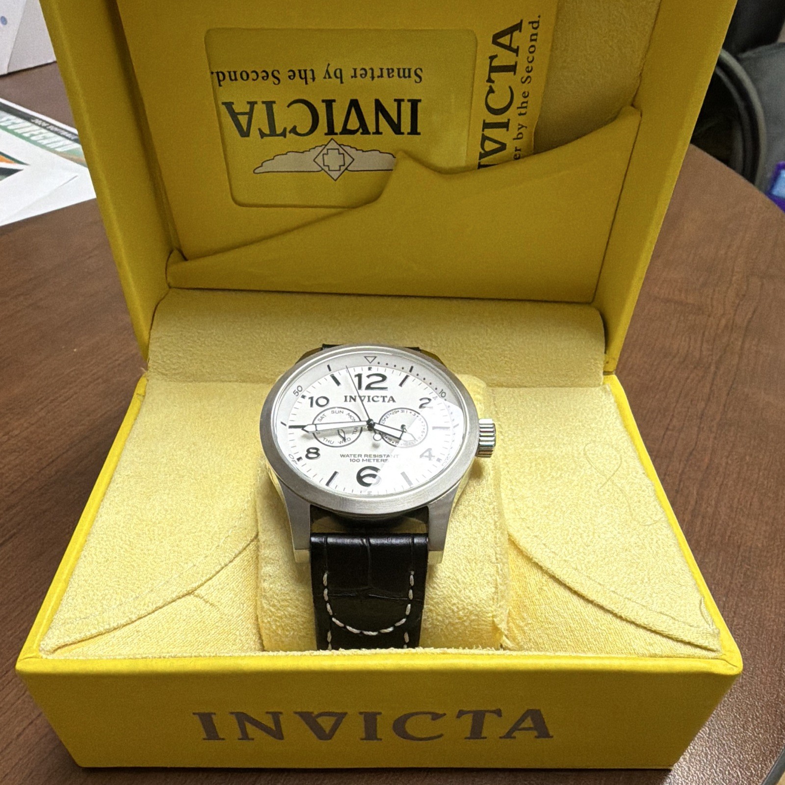 Invicta Men’s Quartz Analog 44mm White Dial Black Leather Strap Day/Date 100m