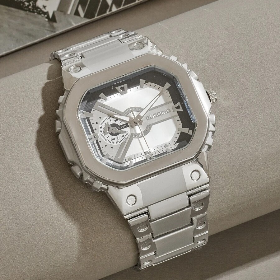 Men’s Futuristic Style Watch Stainless Steel Strap Silver & Black Quartz Urban