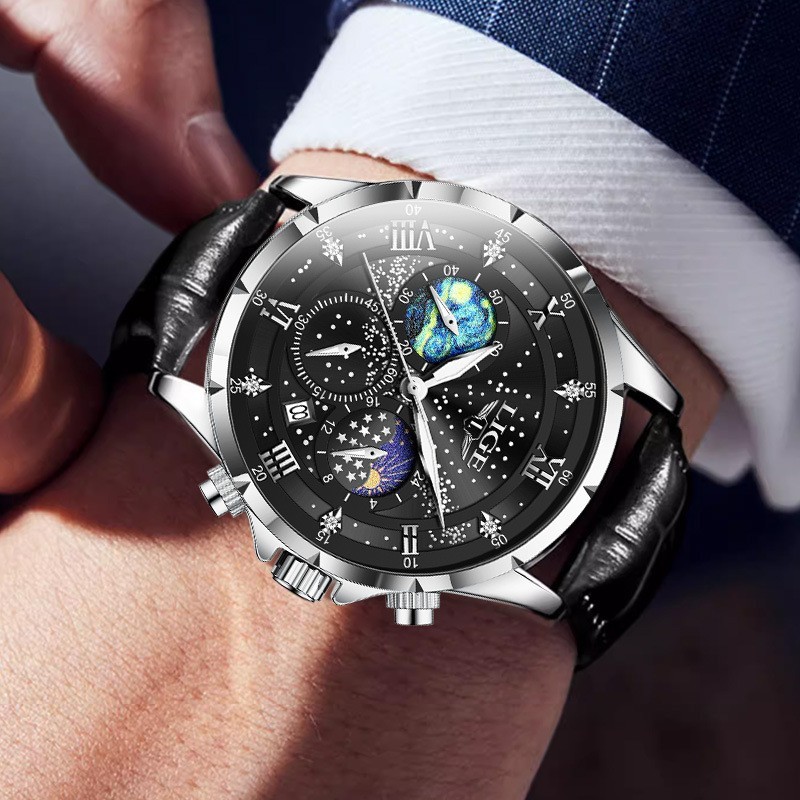 LIGE Luxury Quartz Men’s Watch Leather Strap Date Waterproof Luminous Wristwatch