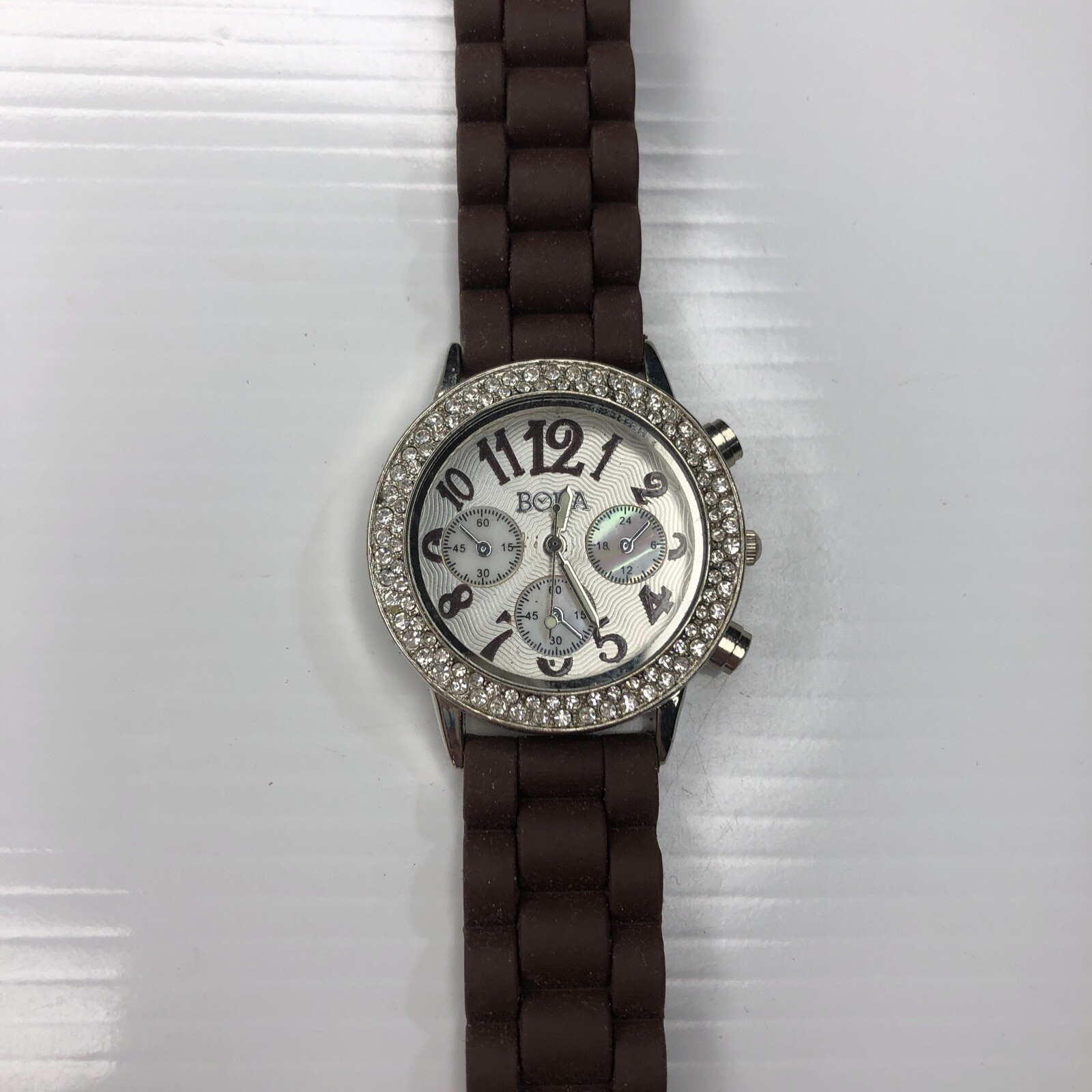 X11 BORA Silver Crystals Stainless Brown Jelly Silicone Retro Watch Untested