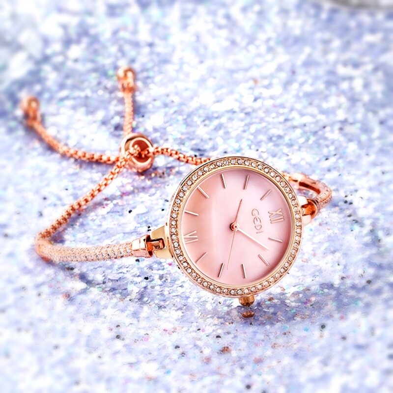 18K Rose Gold Filled Crystal Round Face Adjustable Slide Bracelet Quartz Watch