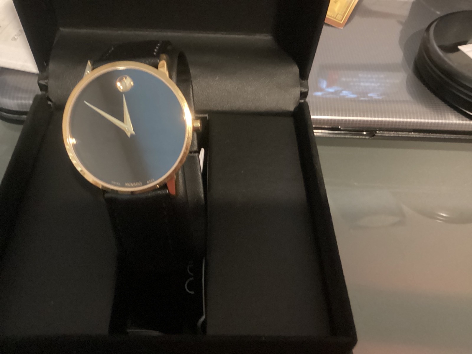 Movado Men Yellow Gold Watch Concave Dot Museum Dial – Black Strap (0607591)