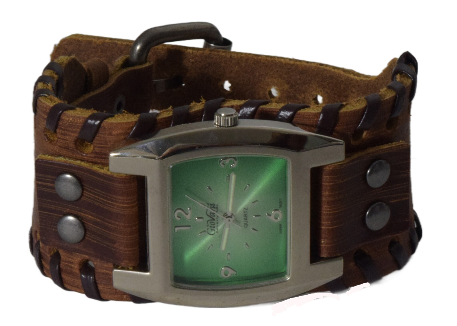 GIOVANI: Western punck style leather band Quartz Black/White/Green Face Watch