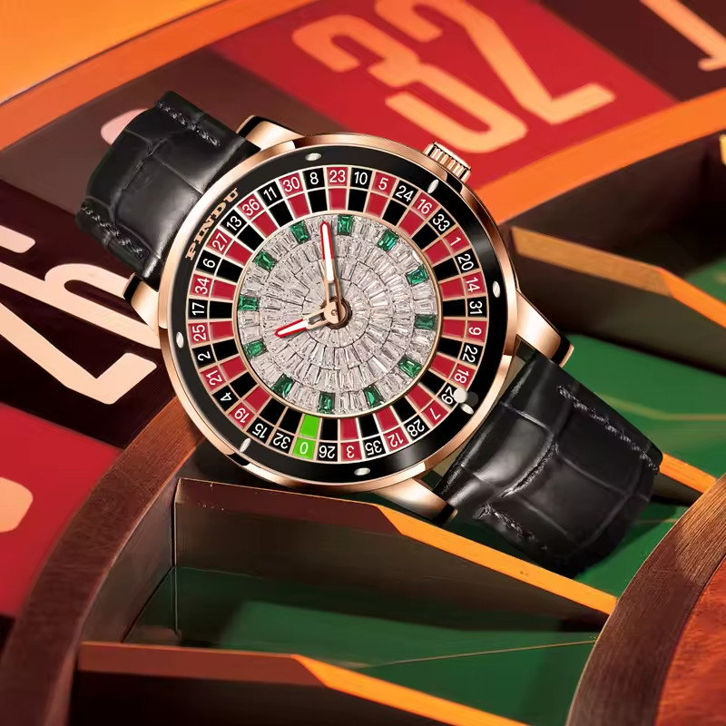 🔥USA PINDU Design NH35A Rotary Roulette Casino Mechanical Watch Leather P6616