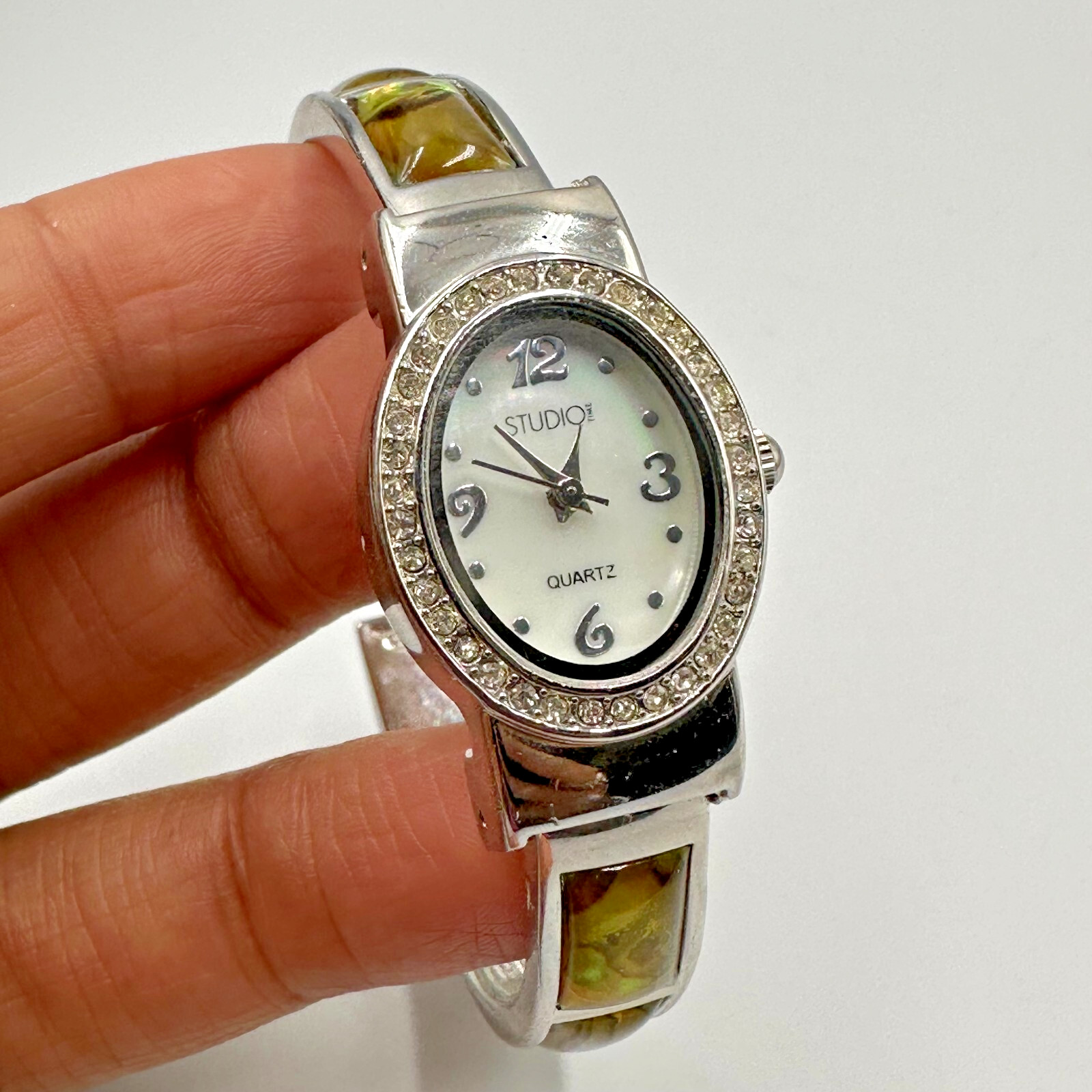 Studio Time Watch Women Silver Tone Crystal Bezel Abalone Inlay Band New Battery