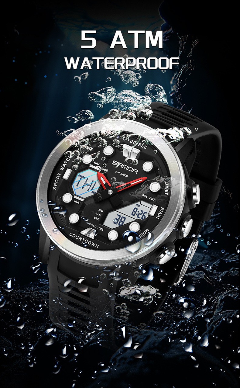 Dual display dial multifunctional sports style high waterproof quartz watch