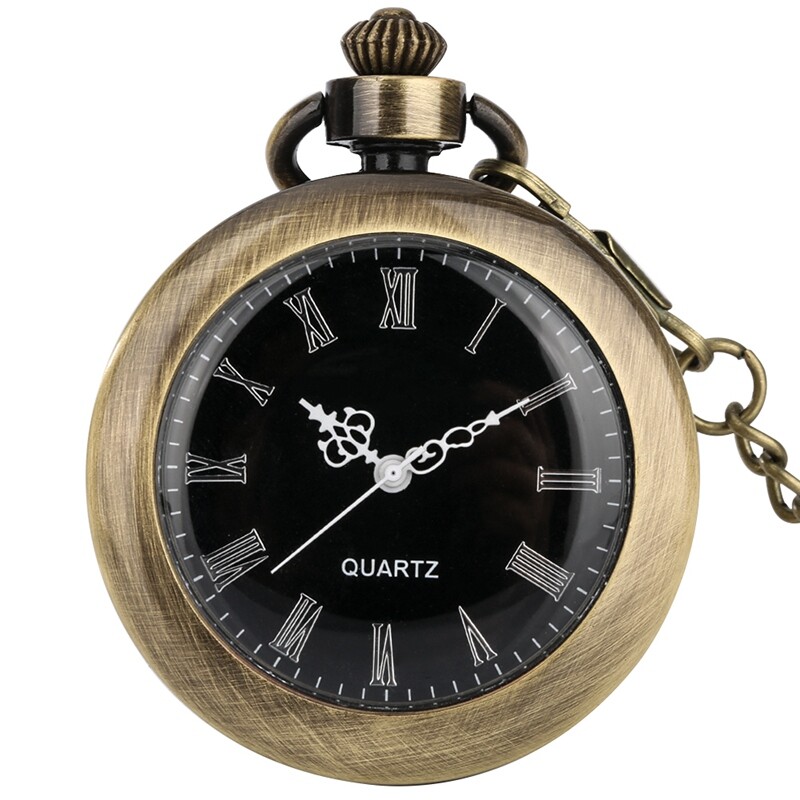 Bronze Smooth Open Face Roman Numerals Pocket Watch Alloy Case with Hook Chain