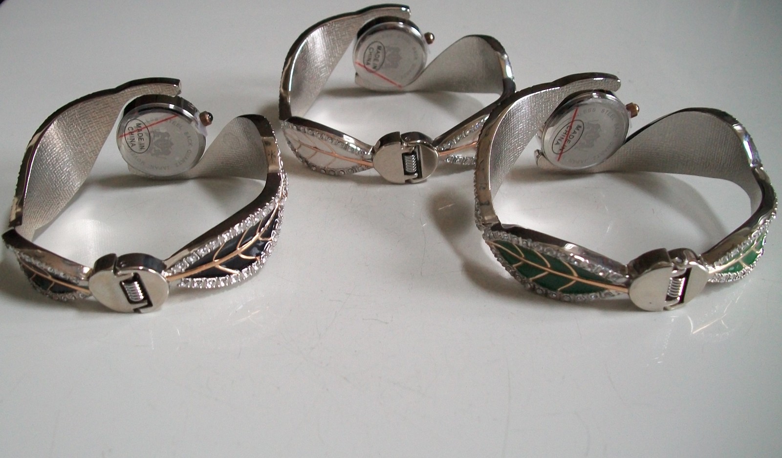 Women number dial stone leaf black, green and white fashion bangle cuff watch