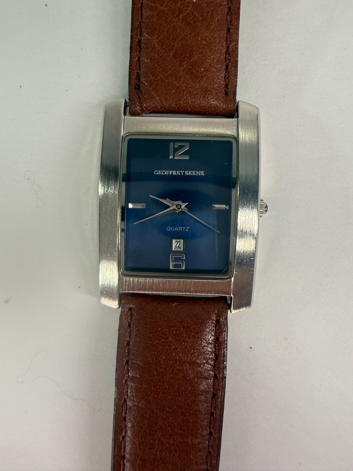 Geoffrey Beene GBM165 Wide Rectangular Navy Blue Dial Date Brown Leather Watch