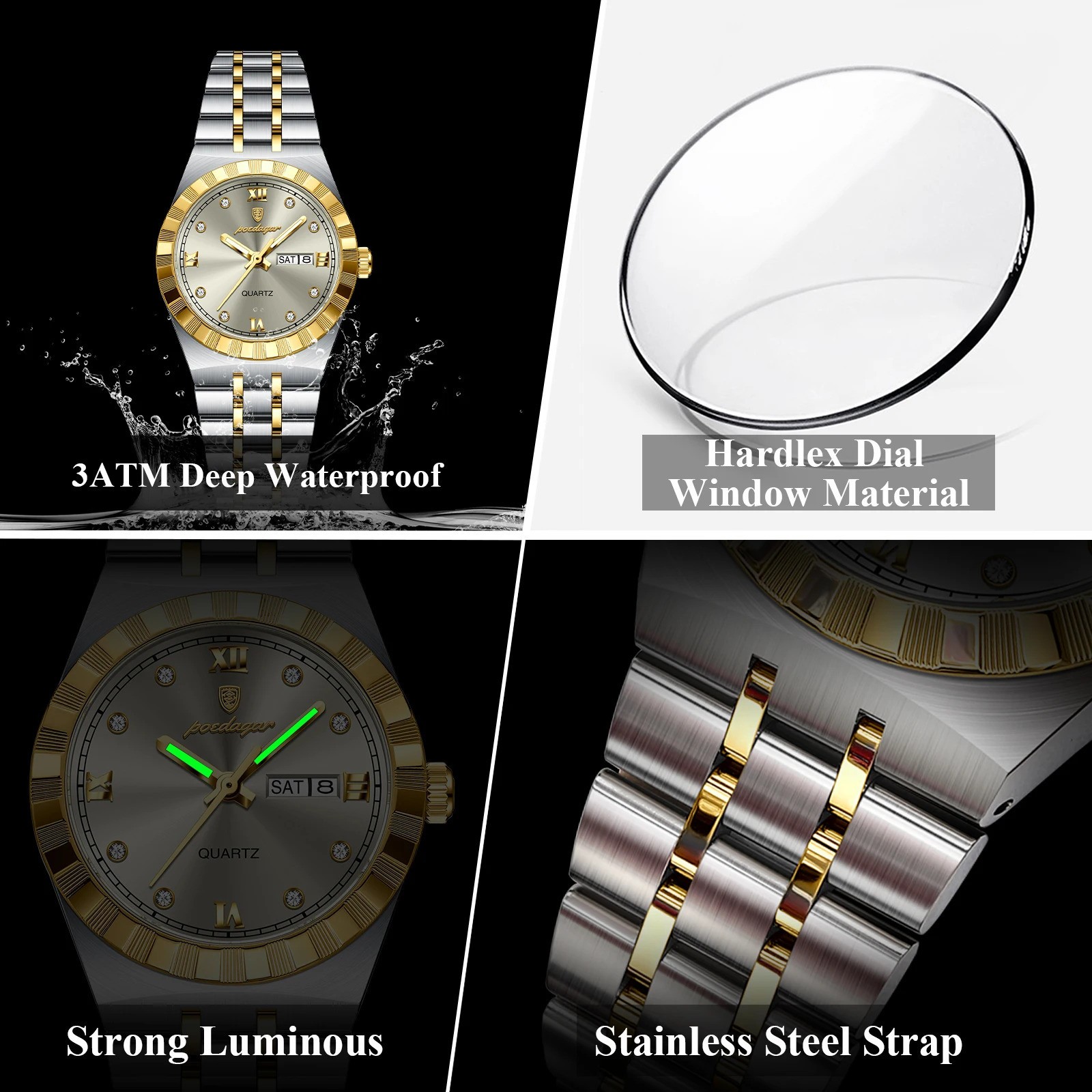 POEDAGAR Women Luxury Watch Quartz Stainless Steel Waterproof Week Date