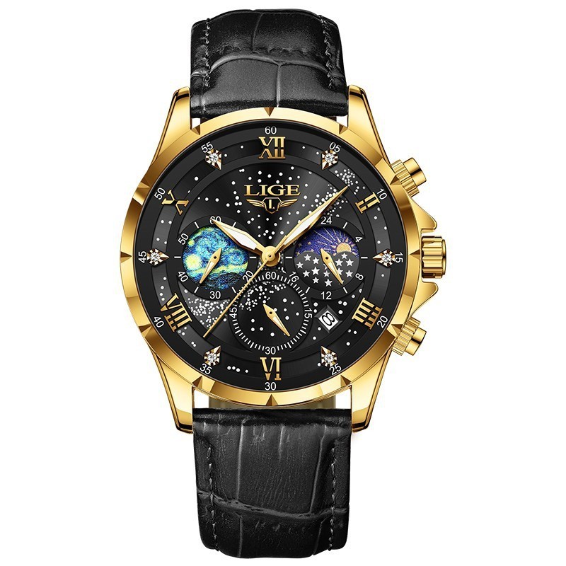 LIGE Luxury Quartz Men’s Watch Leather Strap Date Waterproof Luminous Wristwatch