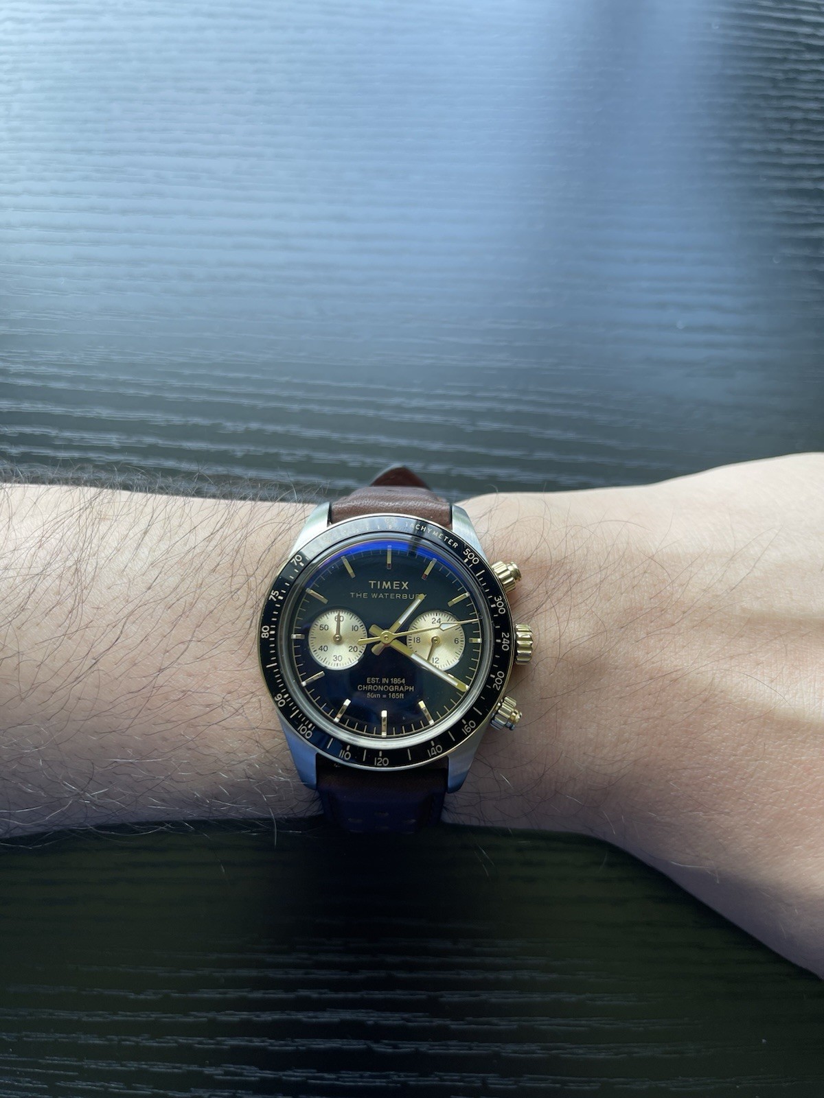 Timex Waterbury Heritage Chronograph Black And Gold Brown Leather Strap