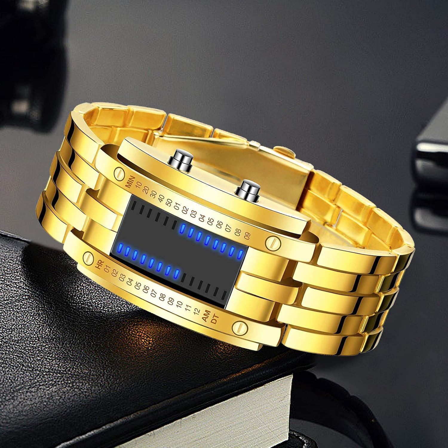 Men’S LED Digital Wrist Watch Futuristic Binary Display Stainless Steel
