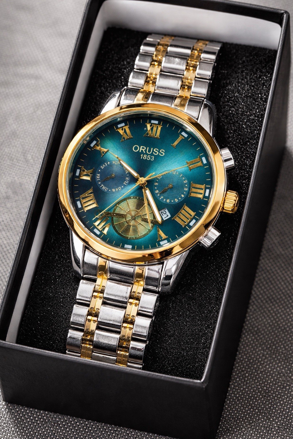ORUSS 1853 Mens Watch Teal Blue Sunburst Dial Gold Silver Tone Stainless New Box